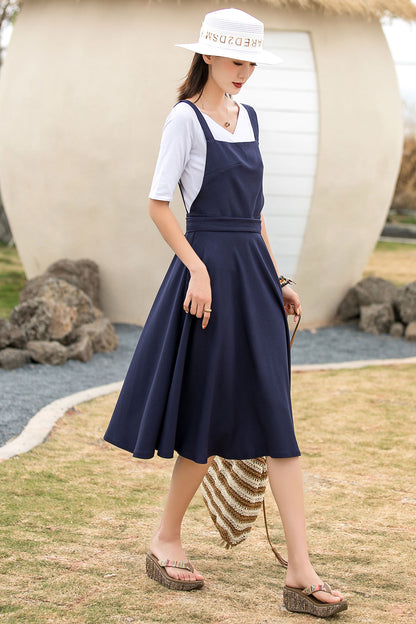 Navy Cotton Linen Pinafore Midi Dress - Fit and Flare Waist Detail 2739