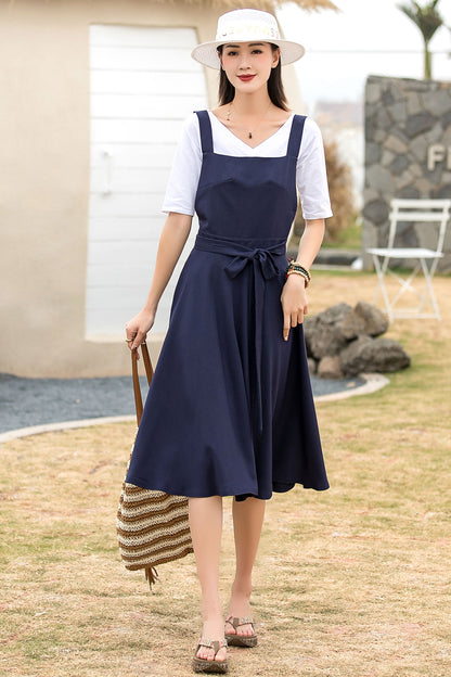 Navy Cotton Linen Pinafore Midi Dress - Fit and Flare Waist Detail 2739