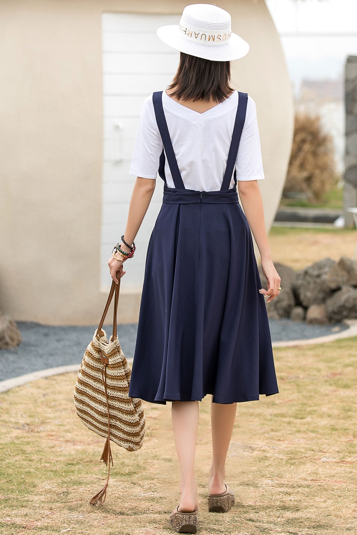 Navy Cotton Linen Midi Dress - Elegant Fit and Flare Pinafore Xiaolizi Navy Cotton Linen Midi Dress - Elegant Fit and Flare Pinafore Xiaolizi
