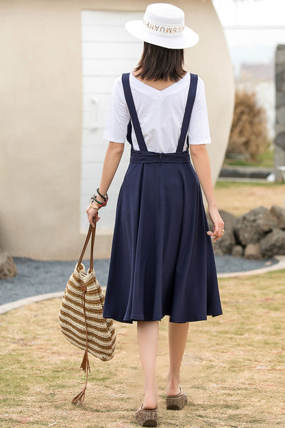 Navy Cotton Linen Pinafore Midi Dress - Fit and Flare Waist Detail 2739