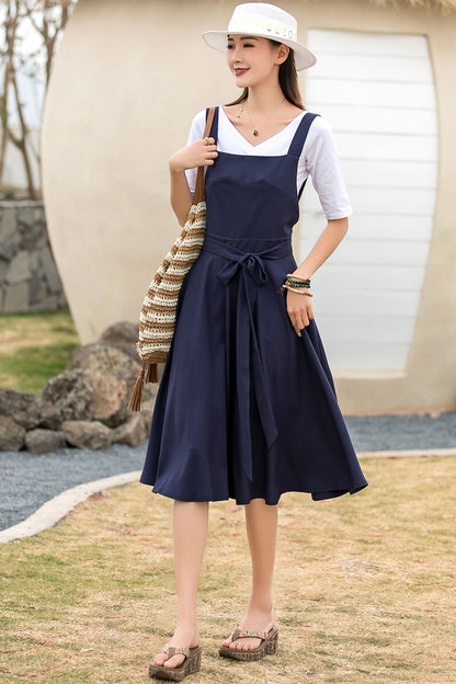 Navy Cotton Linen Pinafore Midi Dress - Fit and Flare Waist Detail 2739