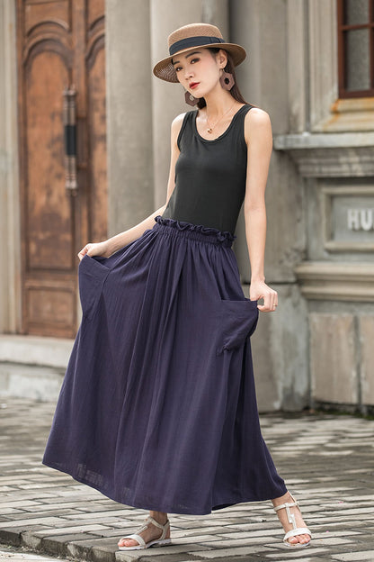 Navy Linen Cotton Pleated Maxi Skirt - Elastic Waist with Pockets 2775