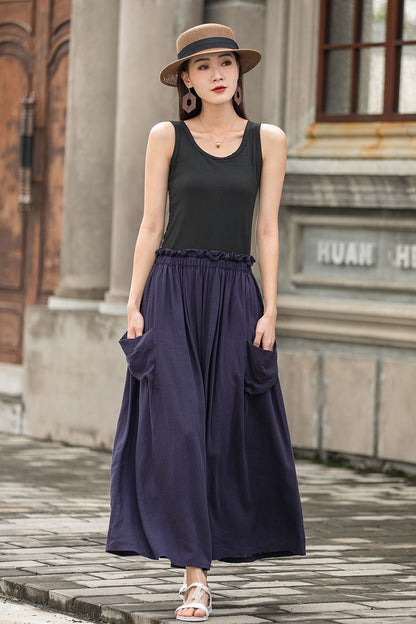 Navy Linen Cotton Pleated Maxi Skirt - Elastic Waist with Pockets 2775