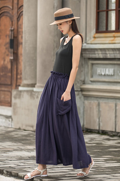 Navy Linen Cotton Pleated Maxi Skirt - Elastic Waist with Pockets 2775