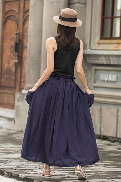 Navy Linen Cotton Pleated Maxi Skirt - Elastic Waist with Pockets 2775