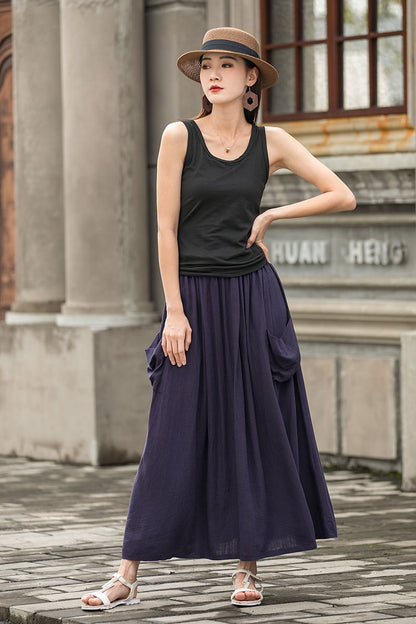 Navy Linen Cotton Pleated Maxi Skirt - Elastic Waist with Pockets 2775