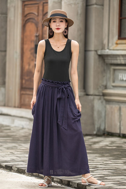 Navy Linen Cotton Pleated Maxi Skirt - Elastic Waist with Pockets 2775