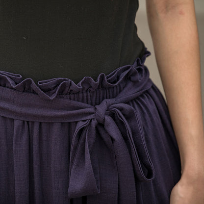 Navy Linen Cotton Pleated Maxi Skirt - Elastic Waist with Pockets 2775