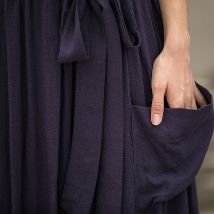 Navy Linen Cotton Pleated Maxi Skirt - Elastic Waist with Pockets 2775