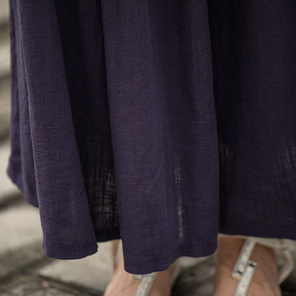 Navy Linen Cotton Pleated Maxi Skirt - Elastic Waist with Pockets 2775