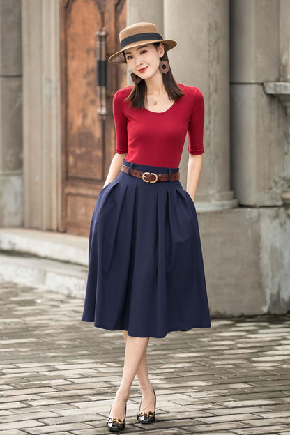 Khaki Linen Cotton A-Line Midi Skirt - Pleated with Pockets 2882