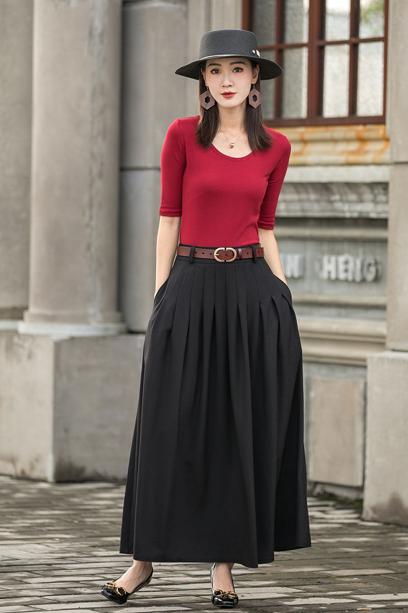 Women Black Pleated Linen Maxi Skirt with Pockets  277701#