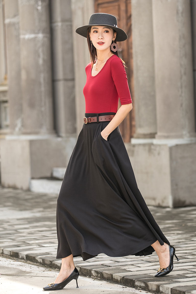 Black A Line Maxi  Linen Skirt with Pockets  277901#