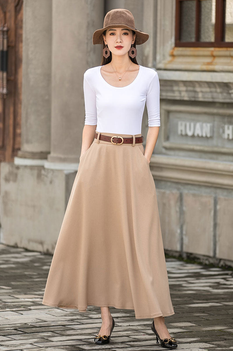 Khaki A line Swing Linen Maxi Skirt with Pockets  278001#