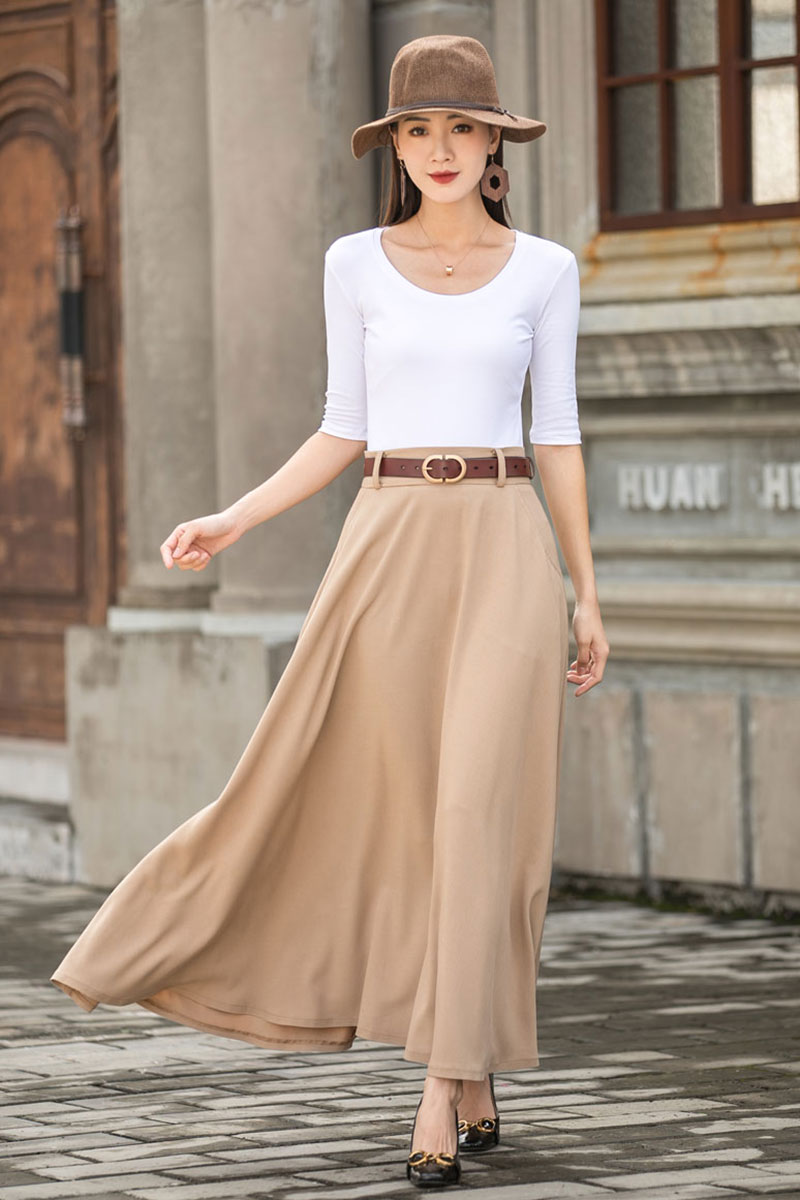 Khaki A line Swing Linen Maxi Skirt with Pockets  278001#