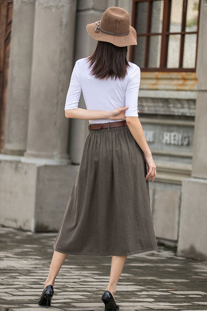 Brown Linen Midi Skirt - A-Line Silhouette with Side Pockets 2781