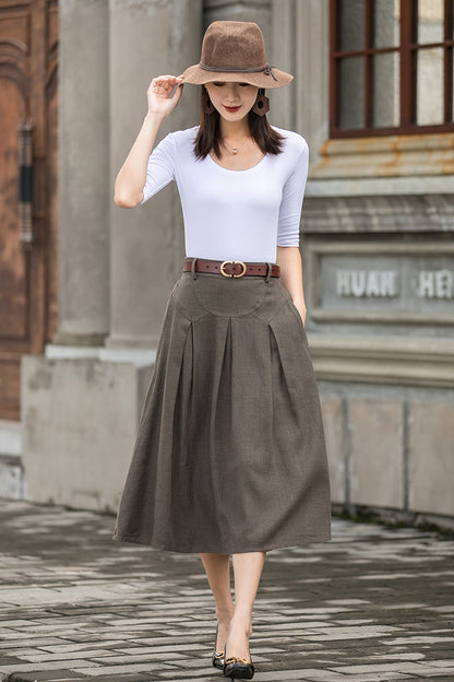 Brown Linen Midi Skirt - A-Line Silhouette with Side Pockets 2781