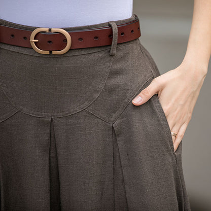 Brown Linen Midi Skirt - A-Line Silhouette with Side Pockets 2781