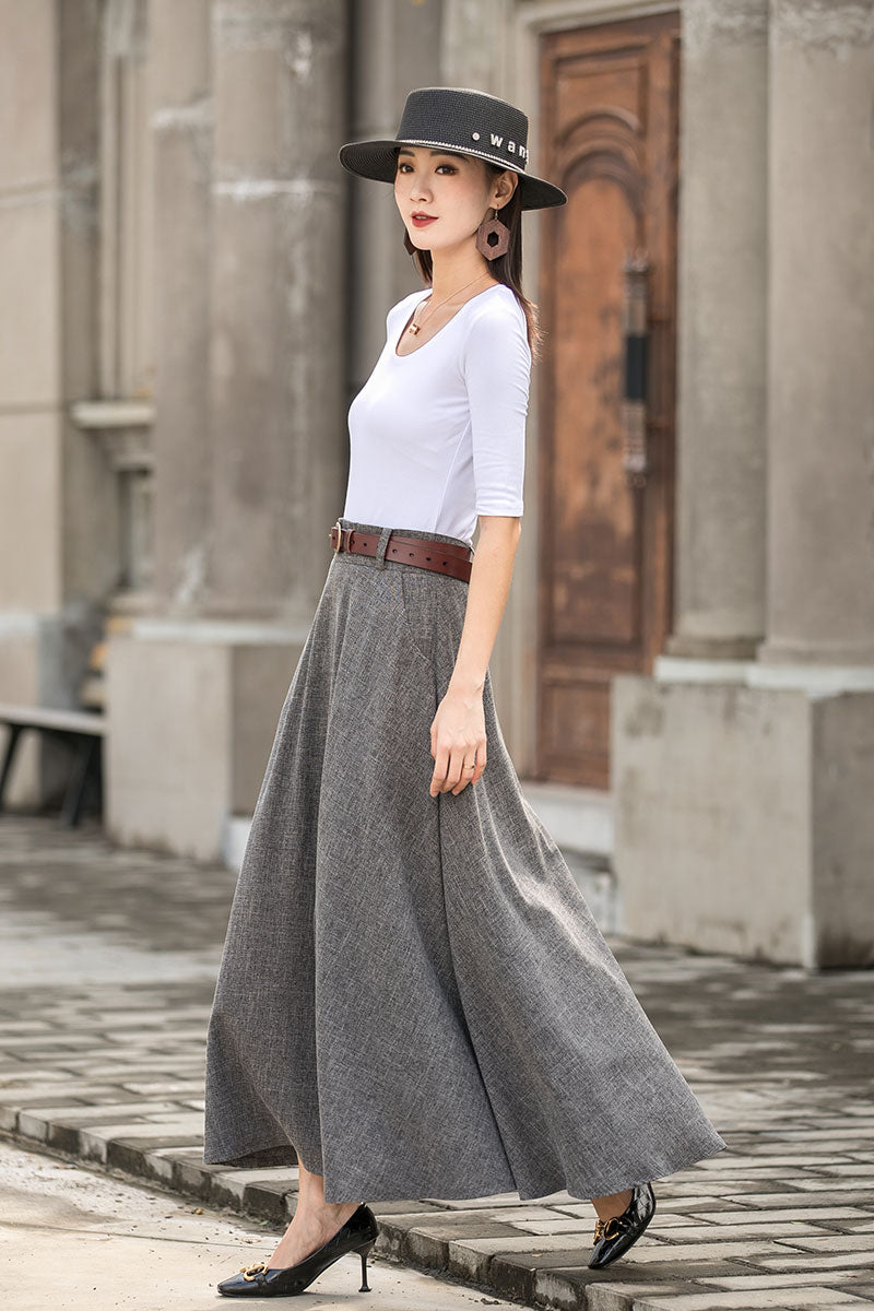 Gray A line High waist Linen Maxi Skirt with Pockets  278201#