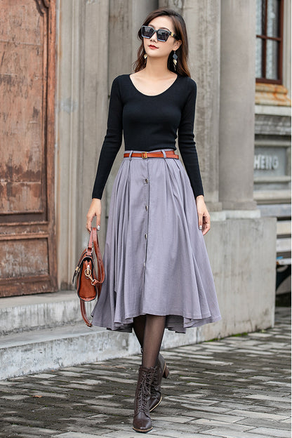 Grey Linen Cotton Midi Skirt - Button Front, Pleated Silhouette 3847