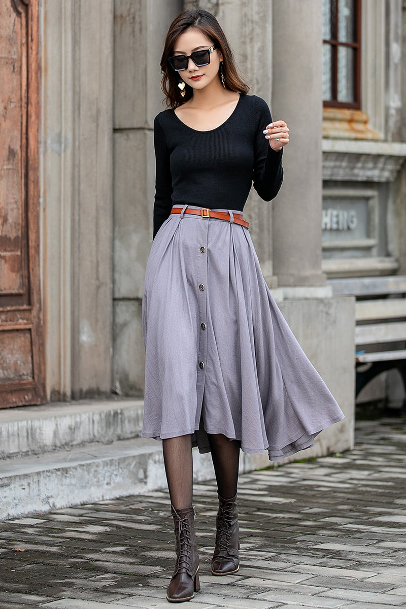 Grey Button Front Linen Skirt 3847