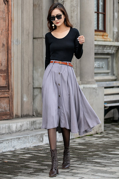 Grey Linen Cotton Midi Skirt - Button Front, Pleated Silhouette 3847