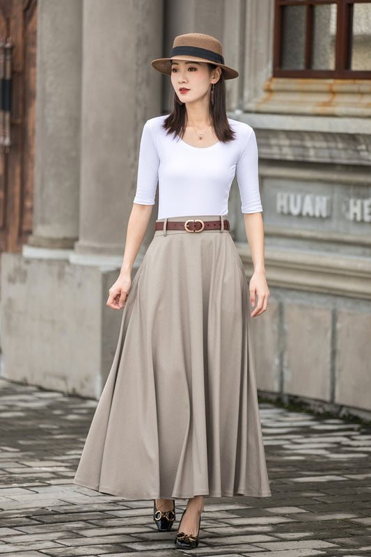 Dark Khaki High waist Linen Maxi Skirt with Pockets  278301#