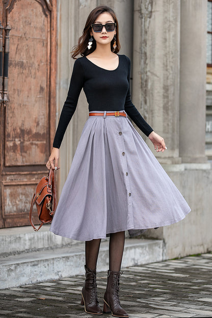 Grey Linen Cotton Midi Skirt - Button Front, Pleated Silhouette 3847