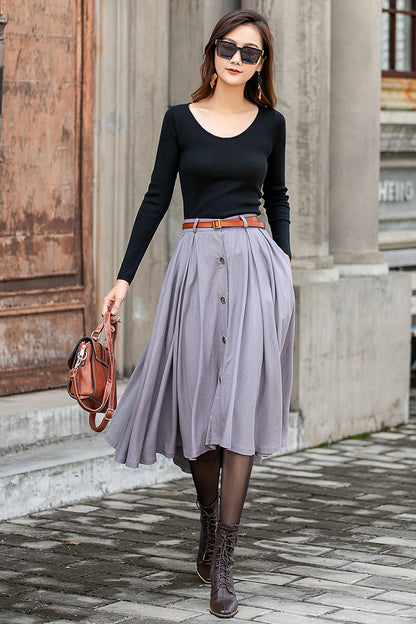 Grey Linen Cotton Midi Skirt - Button Front, Pleated Silhouette 3847