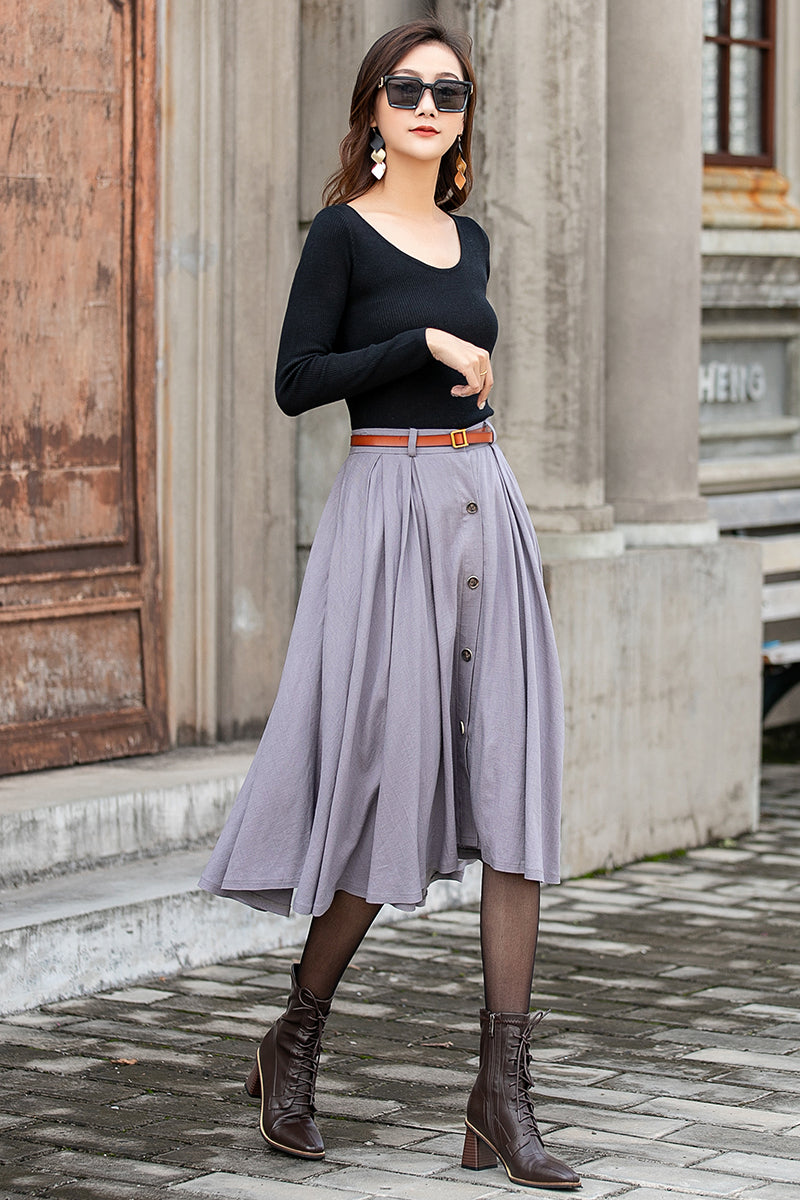 Grey Button Front Linen Skirt 3847