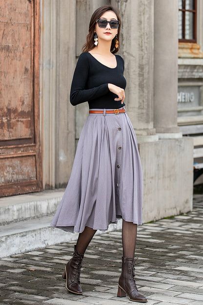 Grey Linen Cotton Midi Skirt - Button Front, Pleated Silhouette 3847