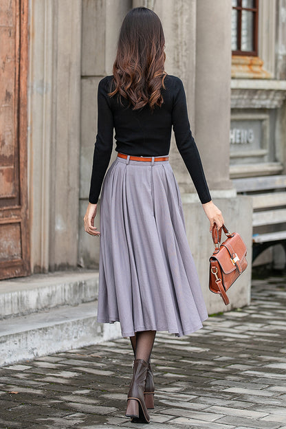 Grey Linen Cotton Midi Skirt - Button Front, Pleated Silhouette 3847