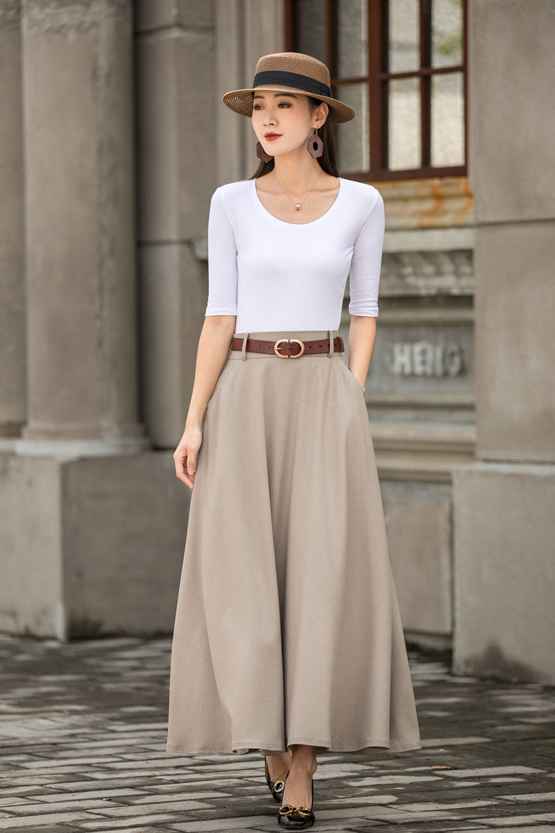 Dark Khaki High waist Linen Maxi Skirt with Pockets 278301#