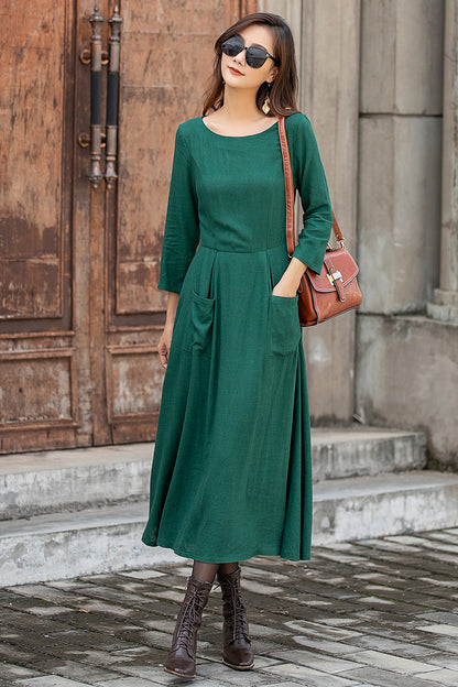 Green Linen Midi Swing Dress - 3/4 Sleeve with Pockets 3848