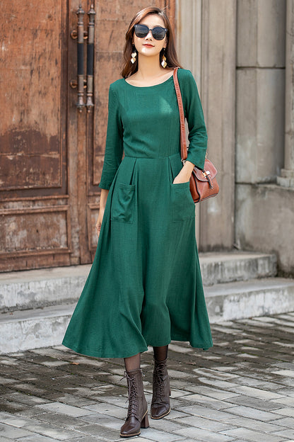 Green Linen Midi Swing Dress - 3/4 Sleeve with Pockets 3848