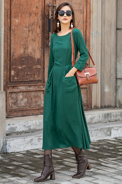 Green Linen Midi Swing Dress - 3/4 Sleeve with Pockets 3848