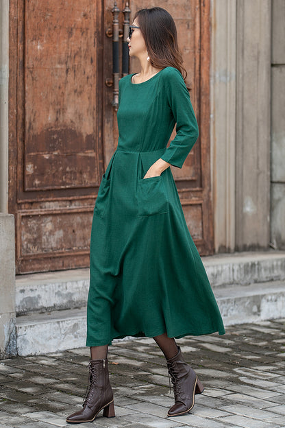 Green Linen Midi Swing Dress - 3/4 Sleeve with Pockets 3848