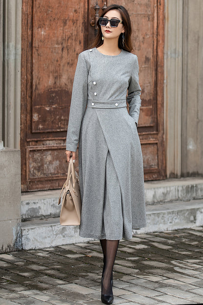 Grey Wool Midi Dress – Elegant Long Sleeve Winter Dress with Button Detail 3849