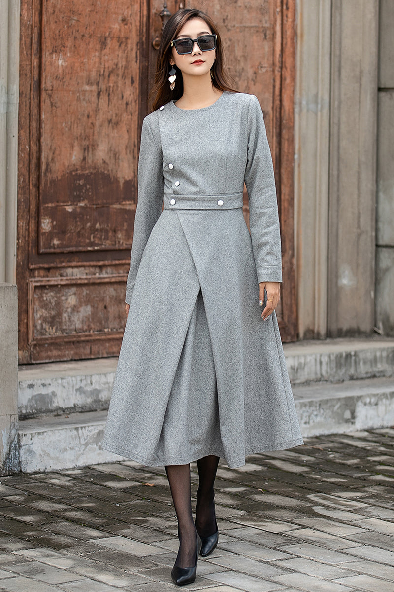 Women Grey Long Sleeve Wool Dress 3849
