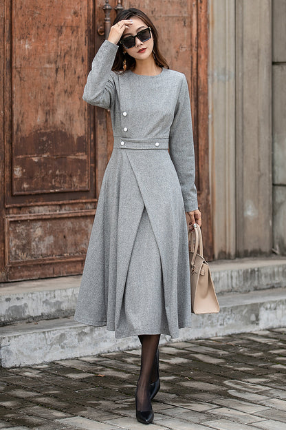 Grey Wool Midi Dress – Elegant Long Sleeve Winter Dress with Button Detail 3849