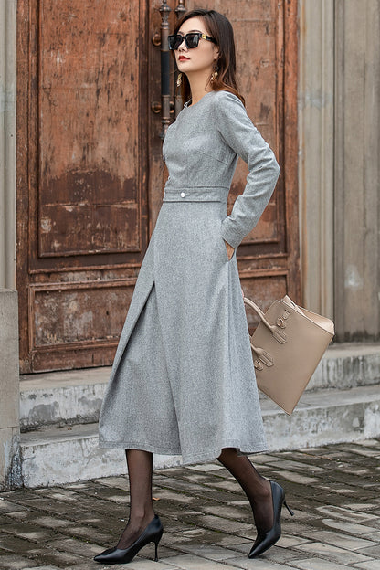 Grey Wool Midi Dress – Elegant Long Sleeve Winter Dress with Button Detail 3849