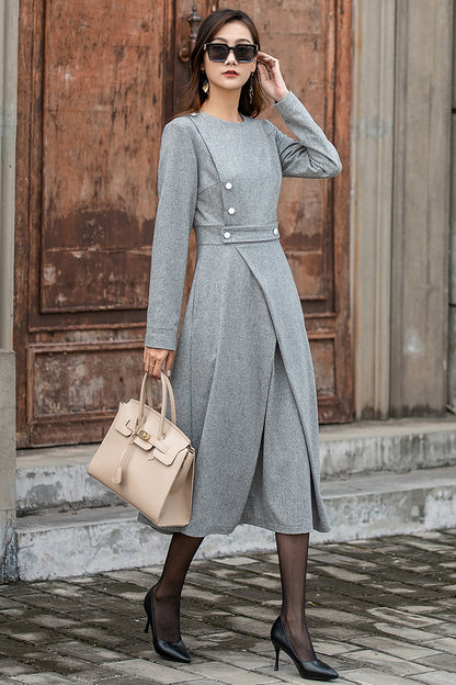 Grey Wool Midi Dress – Elegant Long Sleeve Winter Dress with Button Detail 3849