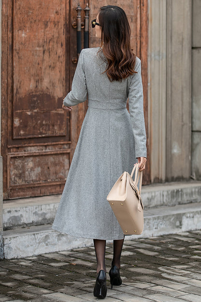 Grey Wool Midi Dress – Elegant Long Sleeve Winter Dress with Button Detail 3849