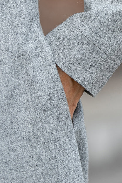 Grey Wool Midi Dress – Elegant Long Sleeve Winter Dress with Button Detail 3849