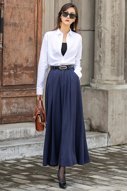 Navy Linen Blend Long A-Line Skirt - Elastic Waist, Side Pockets 3850