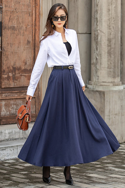 Navy Linen Blend Long A-Line Skirt - Elastic Waist, Side Pockets 3850