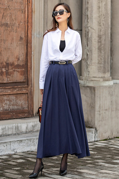 Navy Linen Blend Long A-Line Skirt - Elastic Waist, Side Pockets 3850