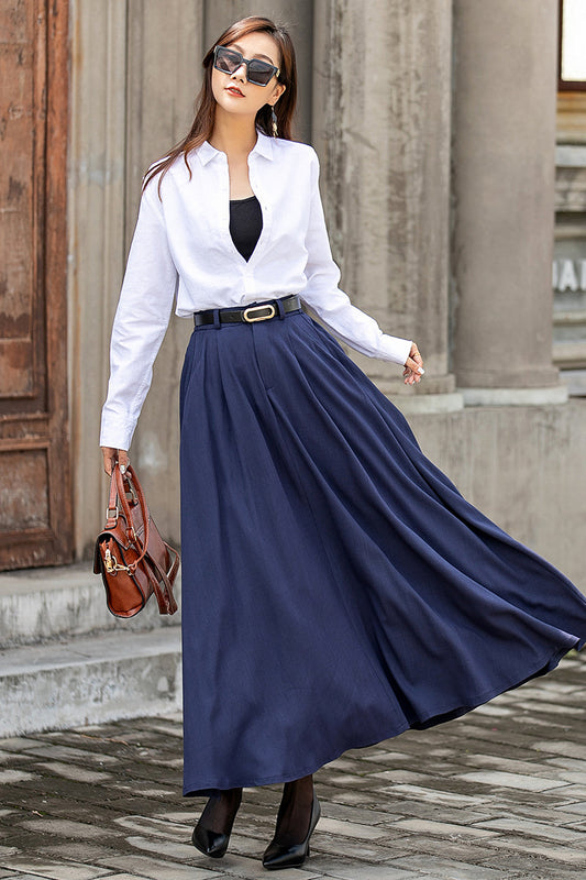 Navy Linen Blend Long A-Line Skirt - Elastic Waist, Side Pockets 3850