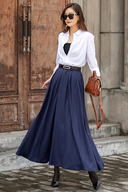 Navy Linen Blend Long A-Line Skirt - Elastic Waist, Side Pockets 3850