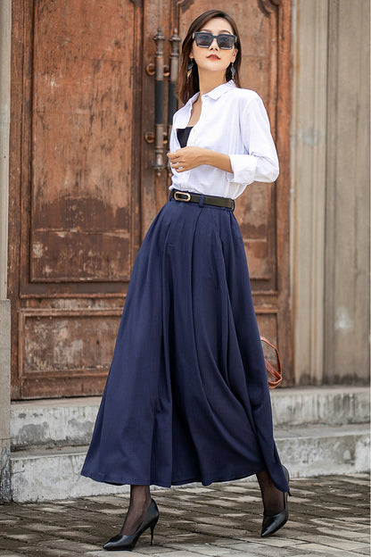 Navy Linen Blend Long A-Line Skirt - Elastic Waist, Side Pockets 3850